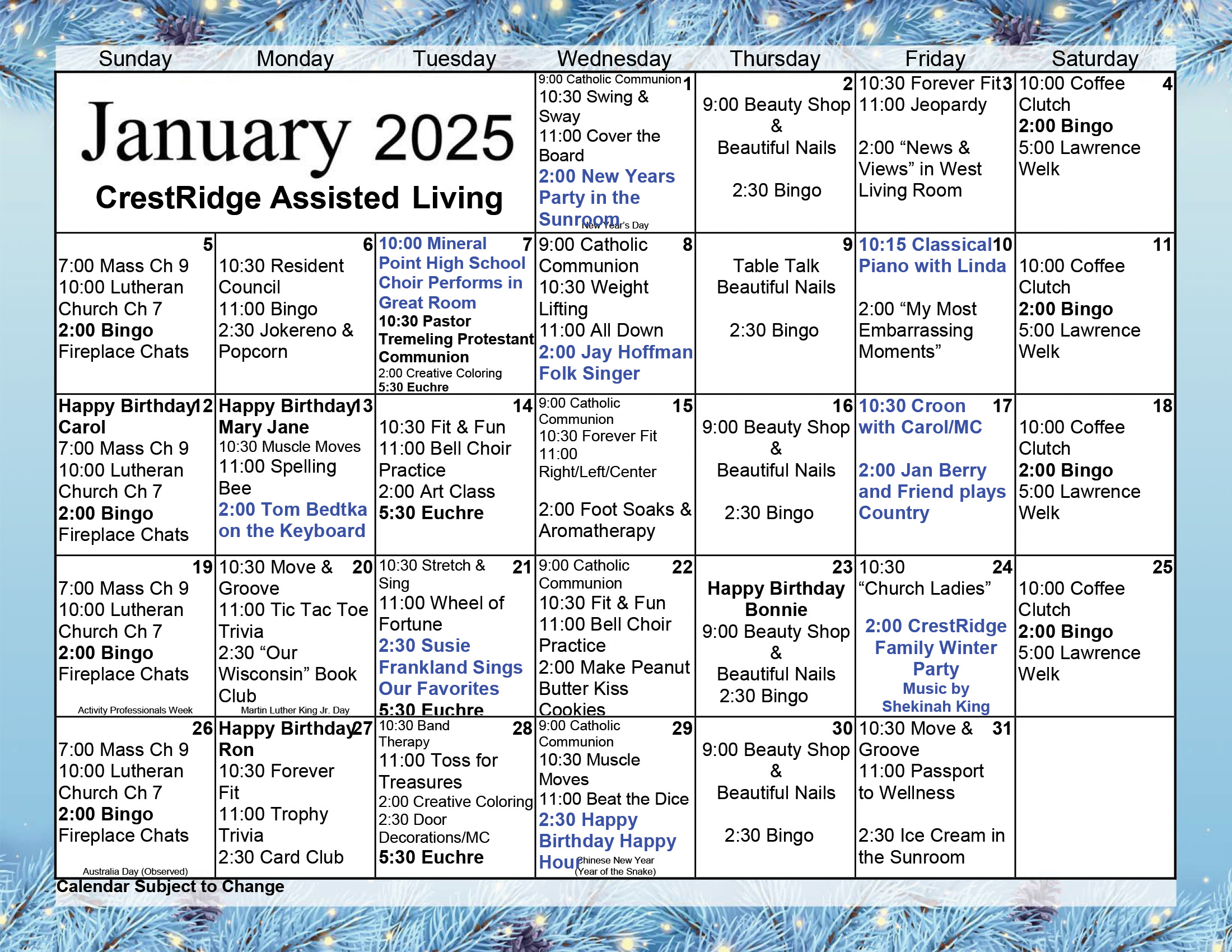 CrestRidge Assisted Living January calendar