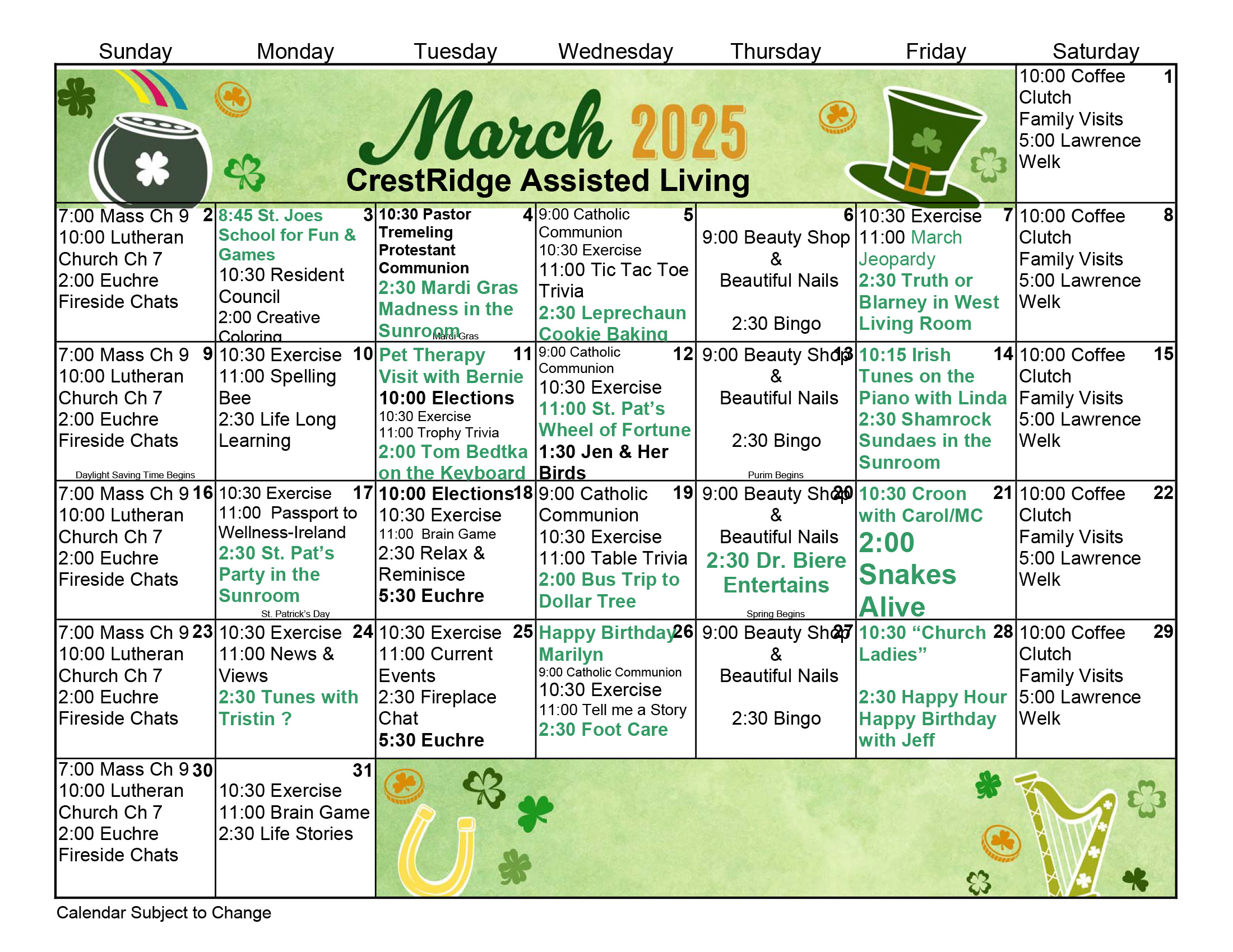 CrestRidge Assisted Living March calendar