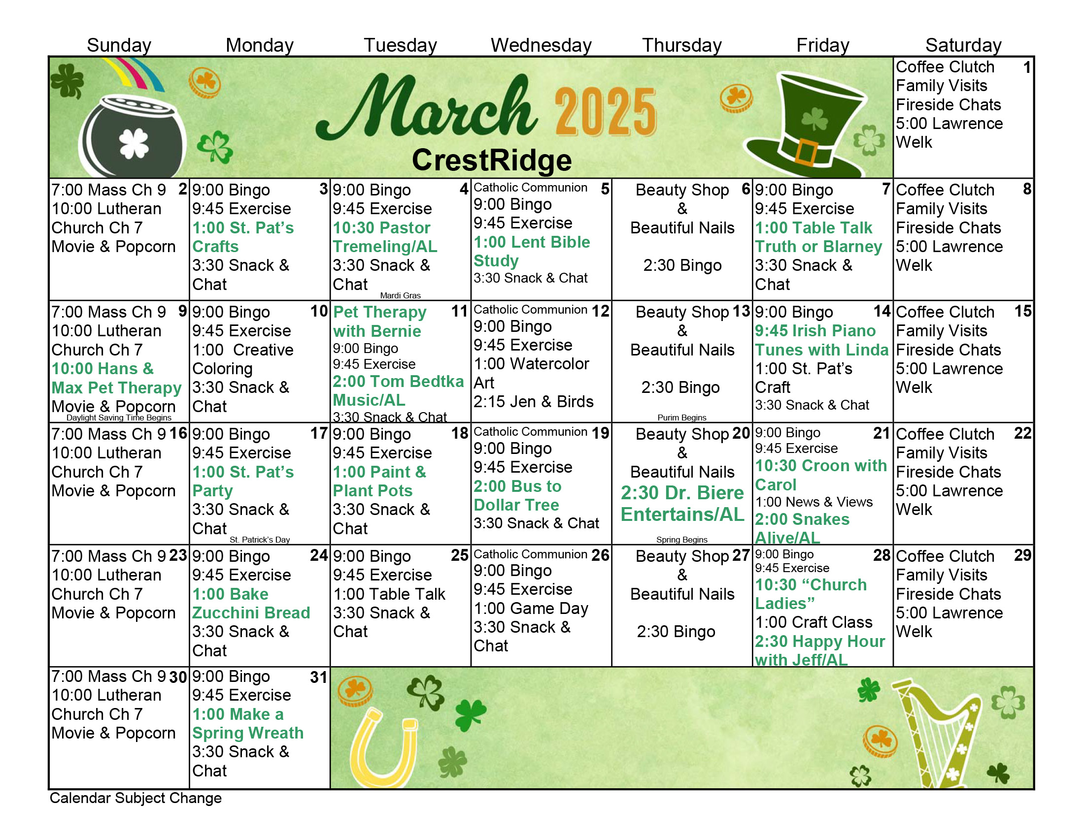 CrestRidge Memory Care March calendar