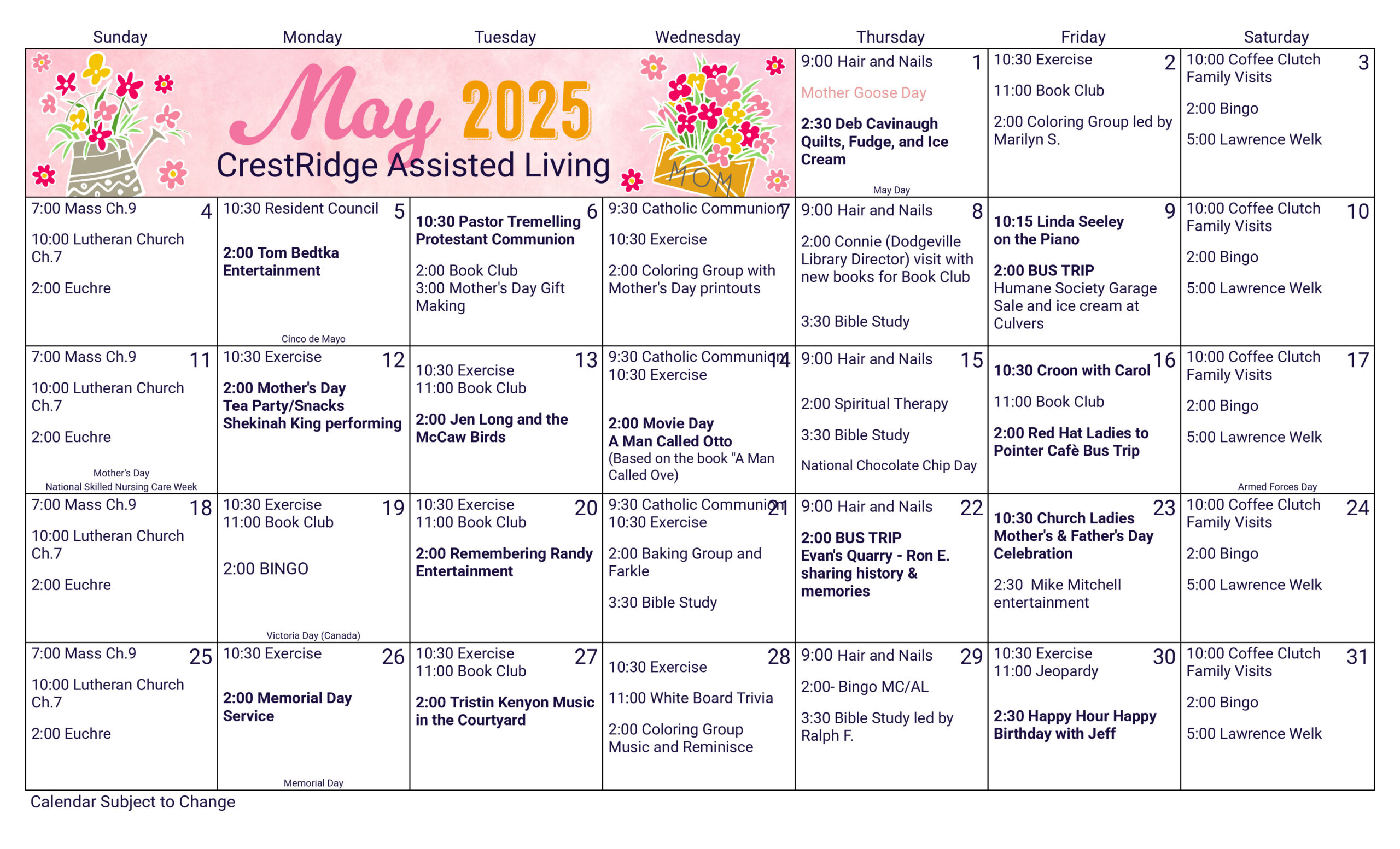 CrestRidge Assisted Living May calendar
