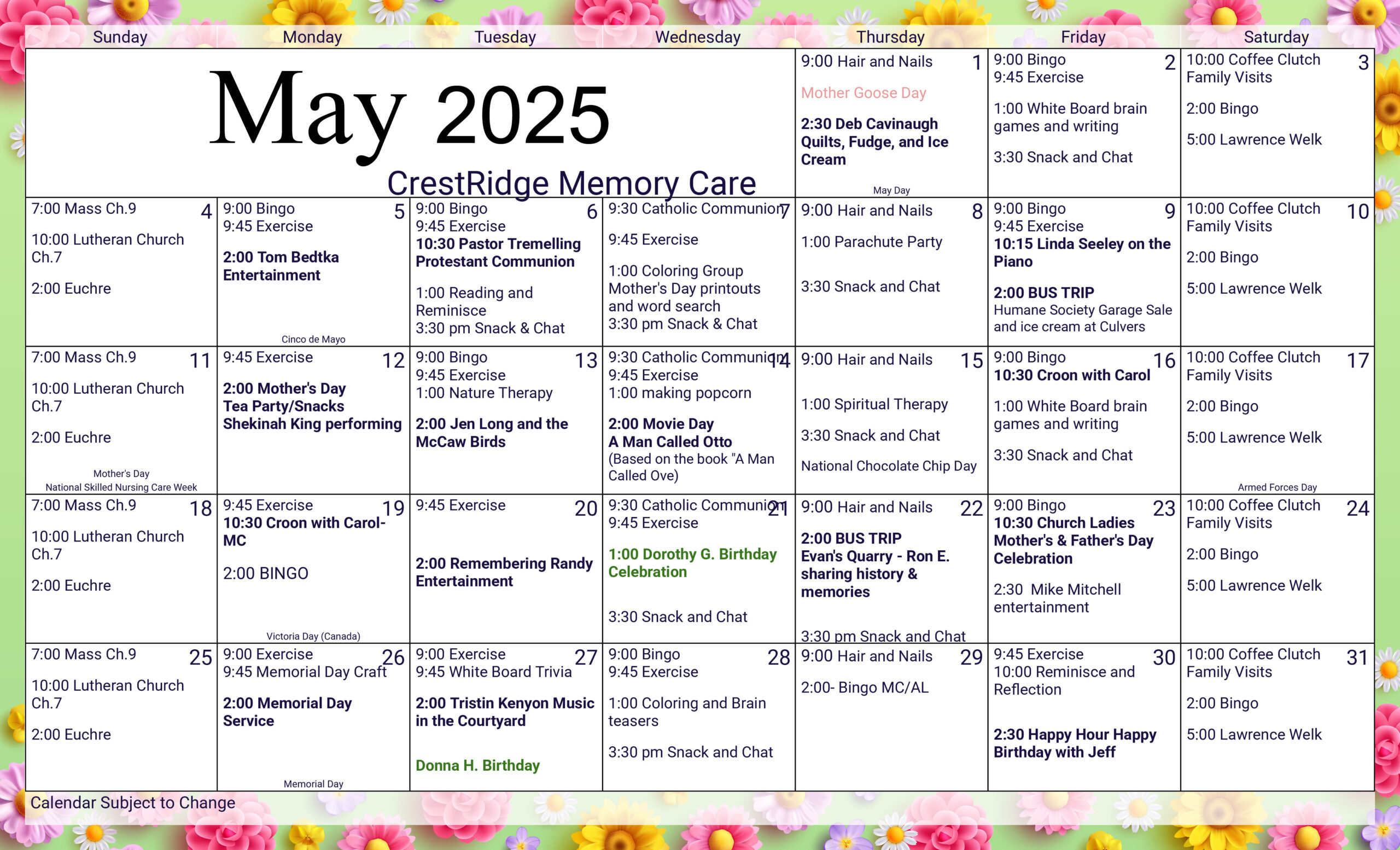 CrestRidge Memory Care May calendar