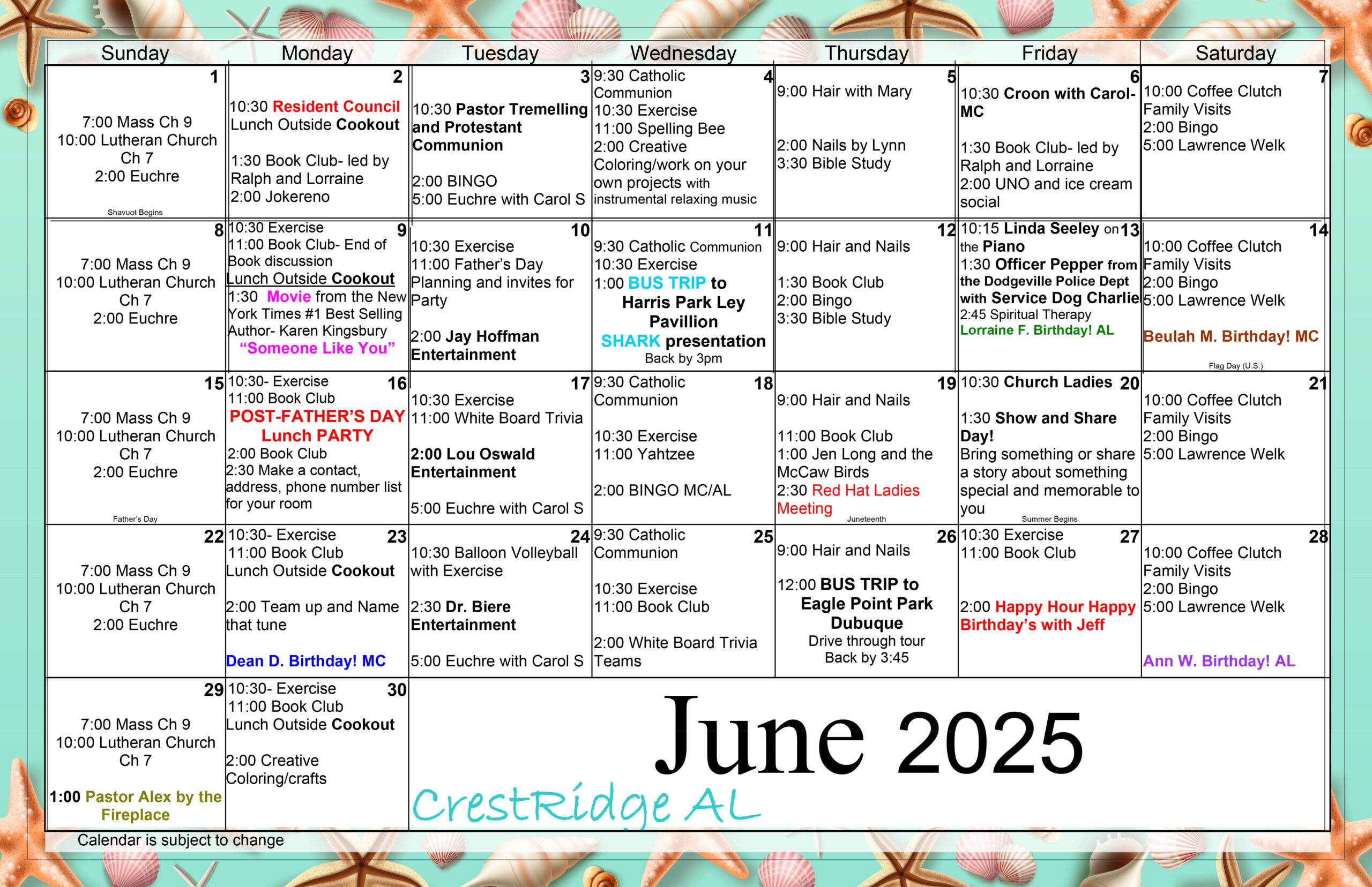 CrestRidge Assisted Living June 2025 calendar