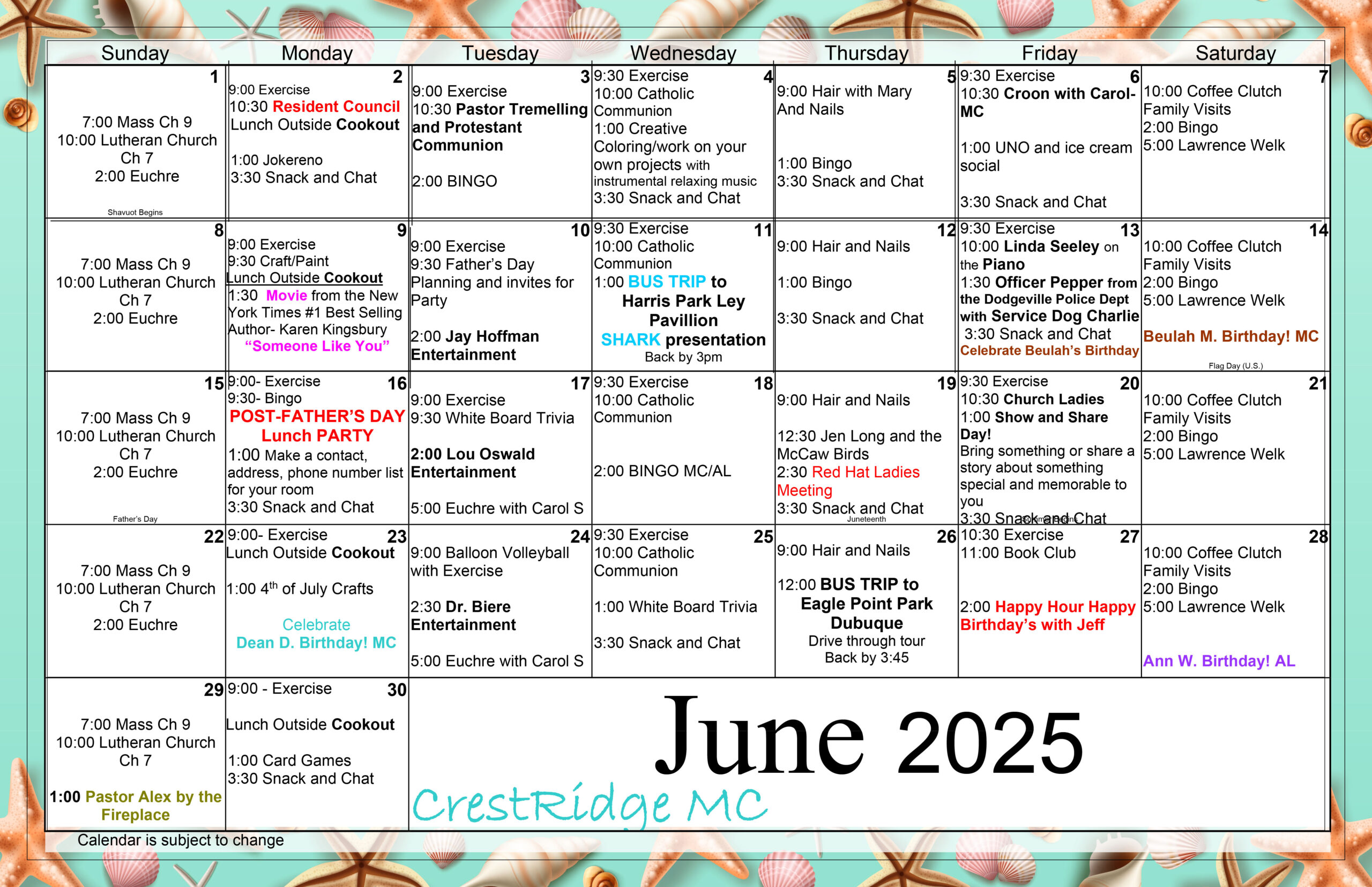 CrestRidge Memory Care June 2025 calendar