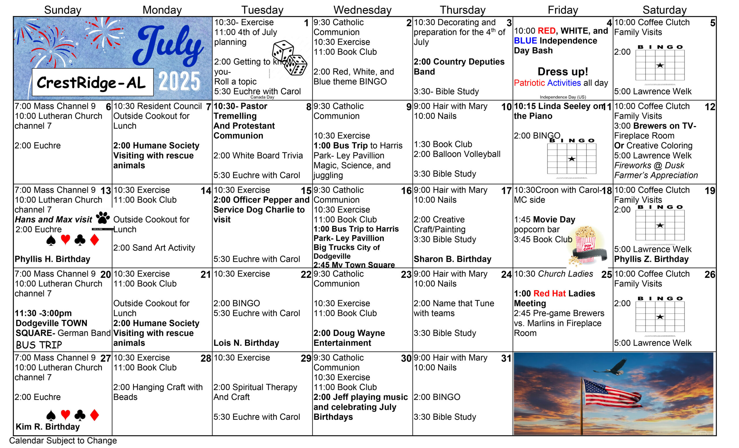 CrestRidge Assisted Living July 2025 calendar