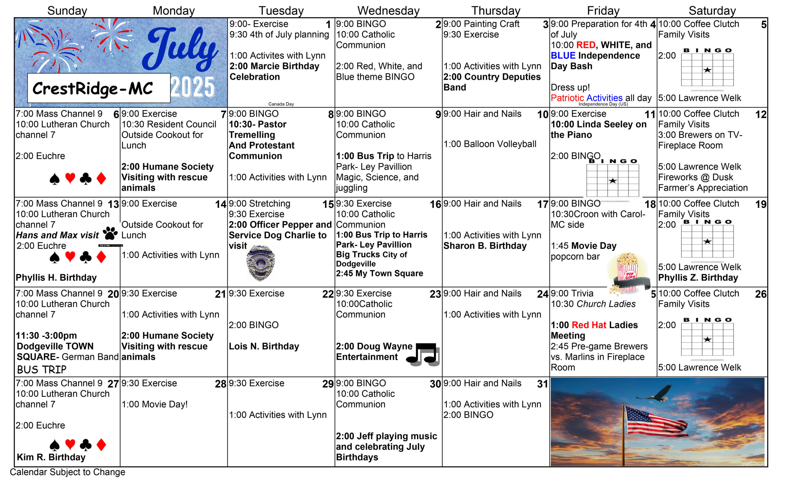 CrestRidge Memory Care July 2025 calendar