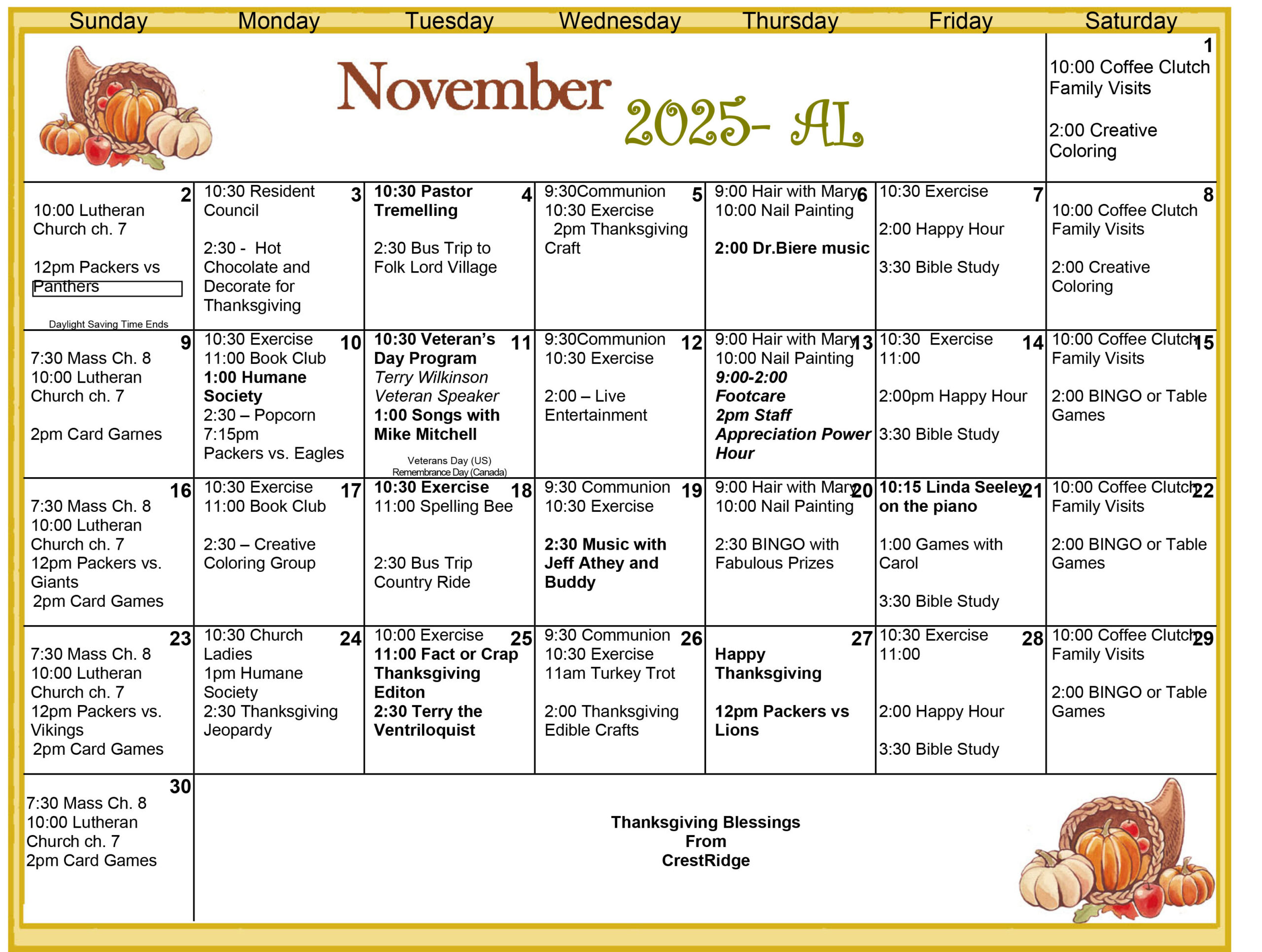 CrestRidge Assisted Living November 2025 calendar