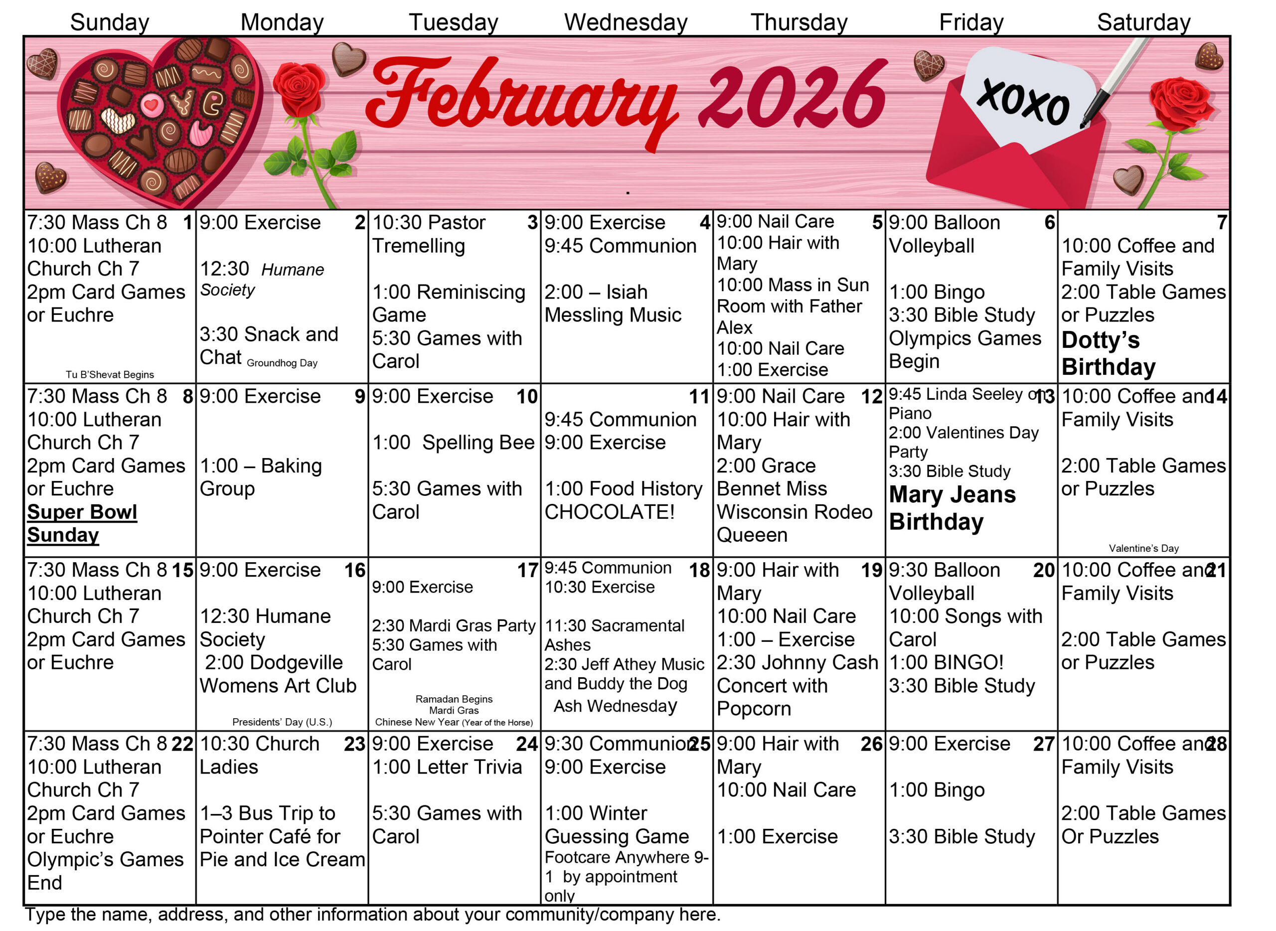 CrestRidge Memory Care February 2026 calendar