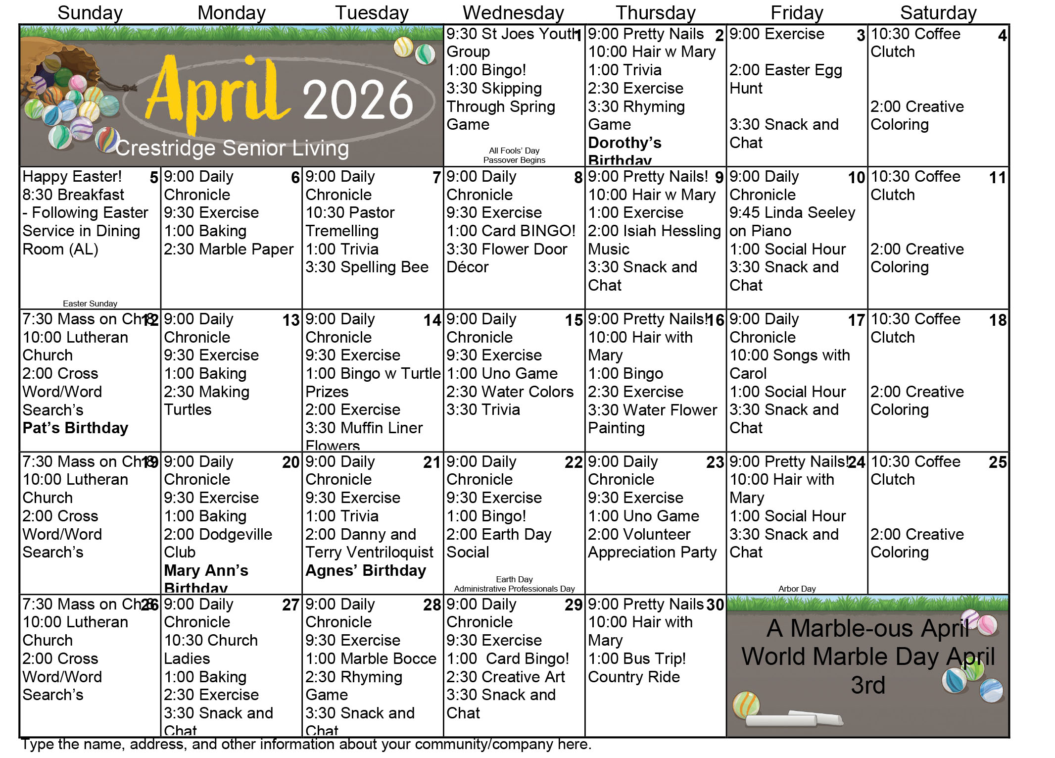 CrestRidge Memory Care April 2026 calendar