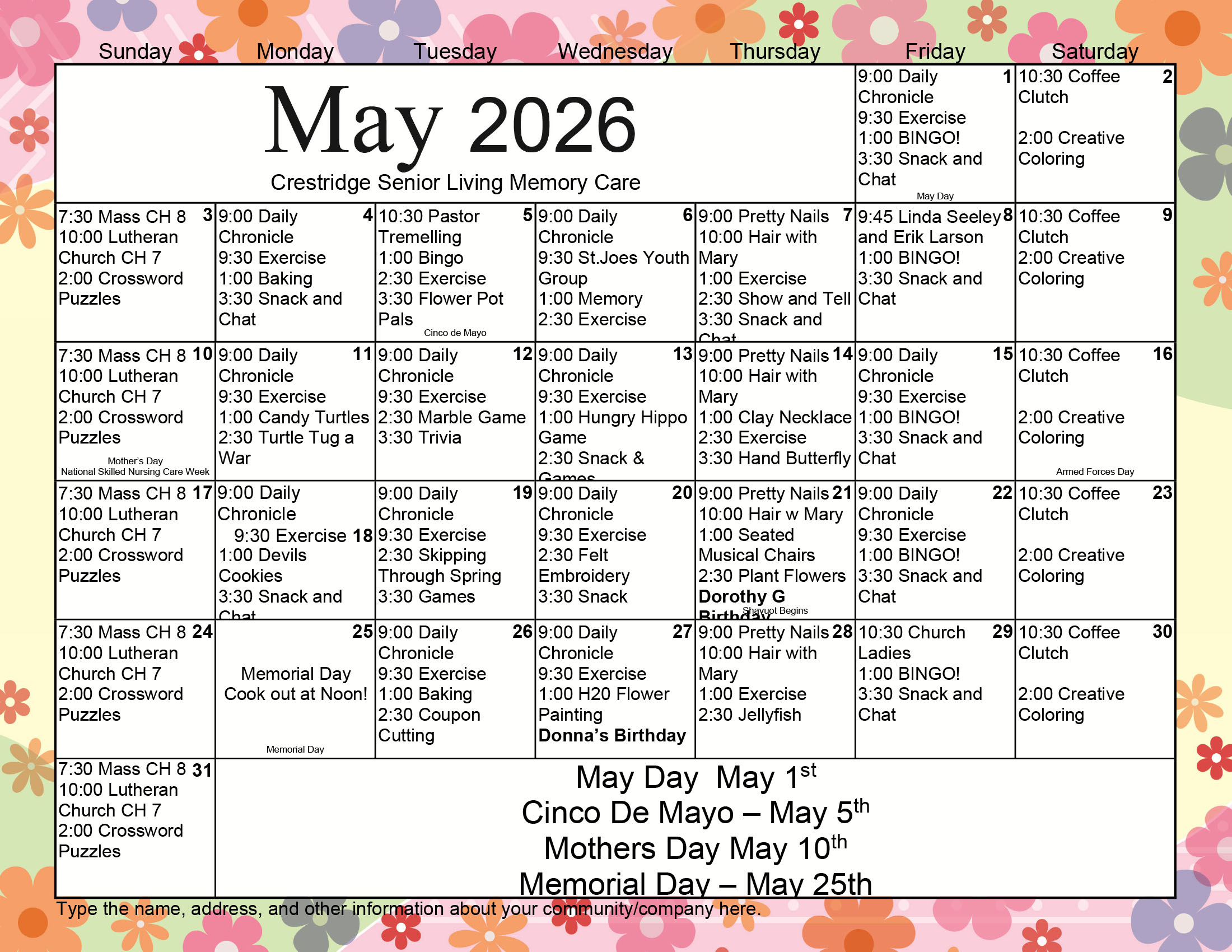 CrestRidge Memory Care May 2026 calendar