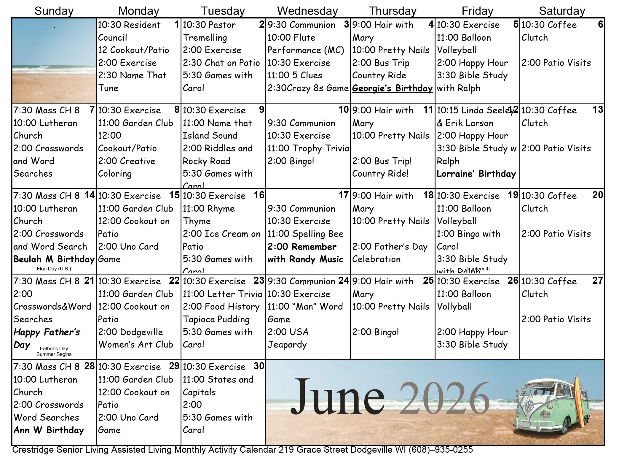 CrestRidge Assisted Living June 2026 calendar
