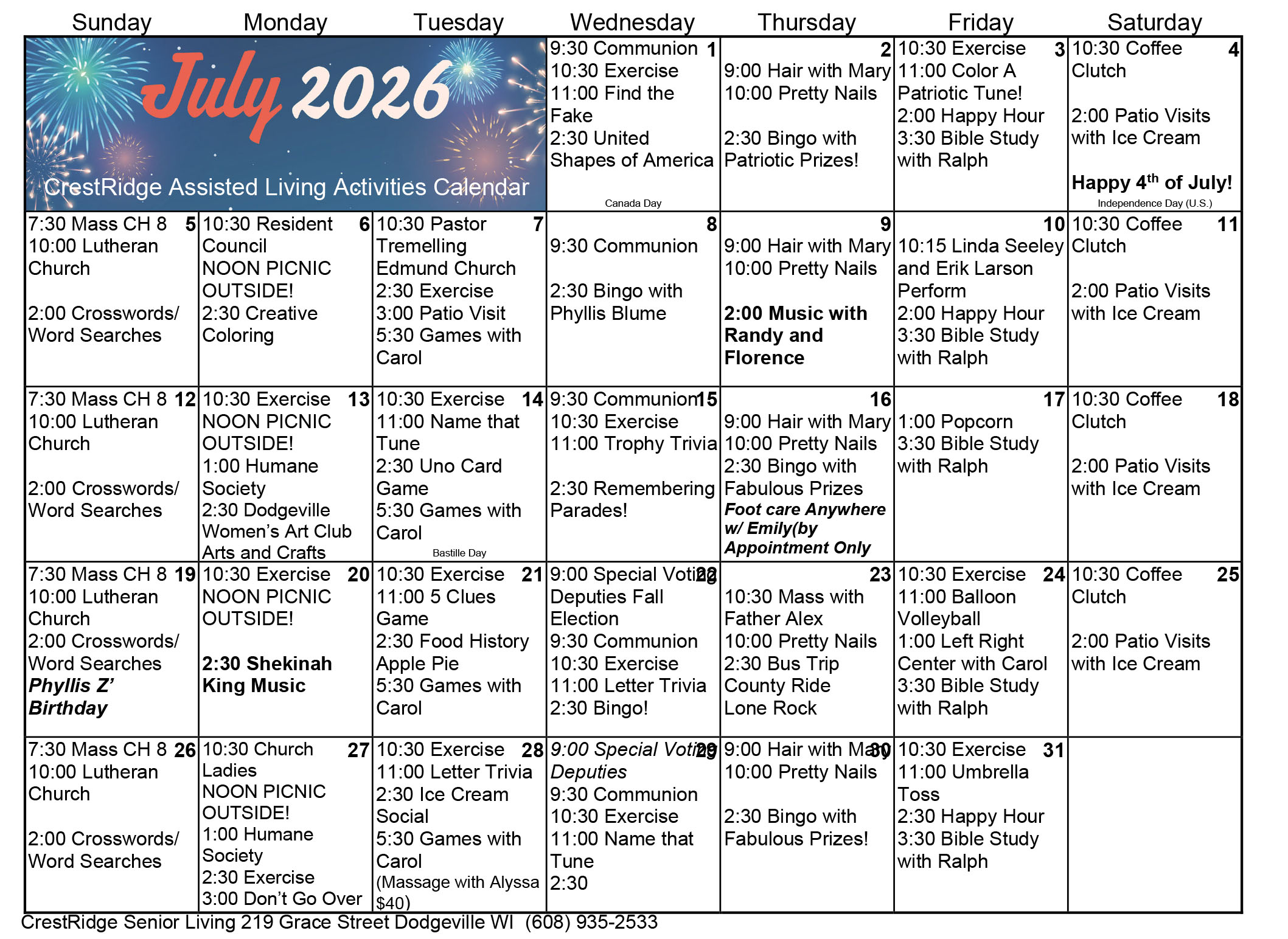 CrestRidge Assisted Living July 2026 calendar