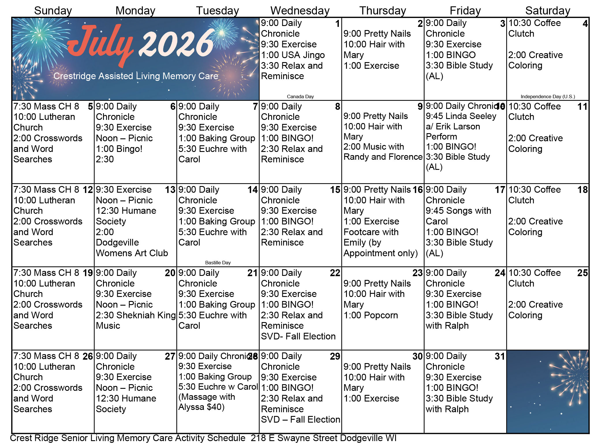 CrestRidge Memory Care July 2026 calendar