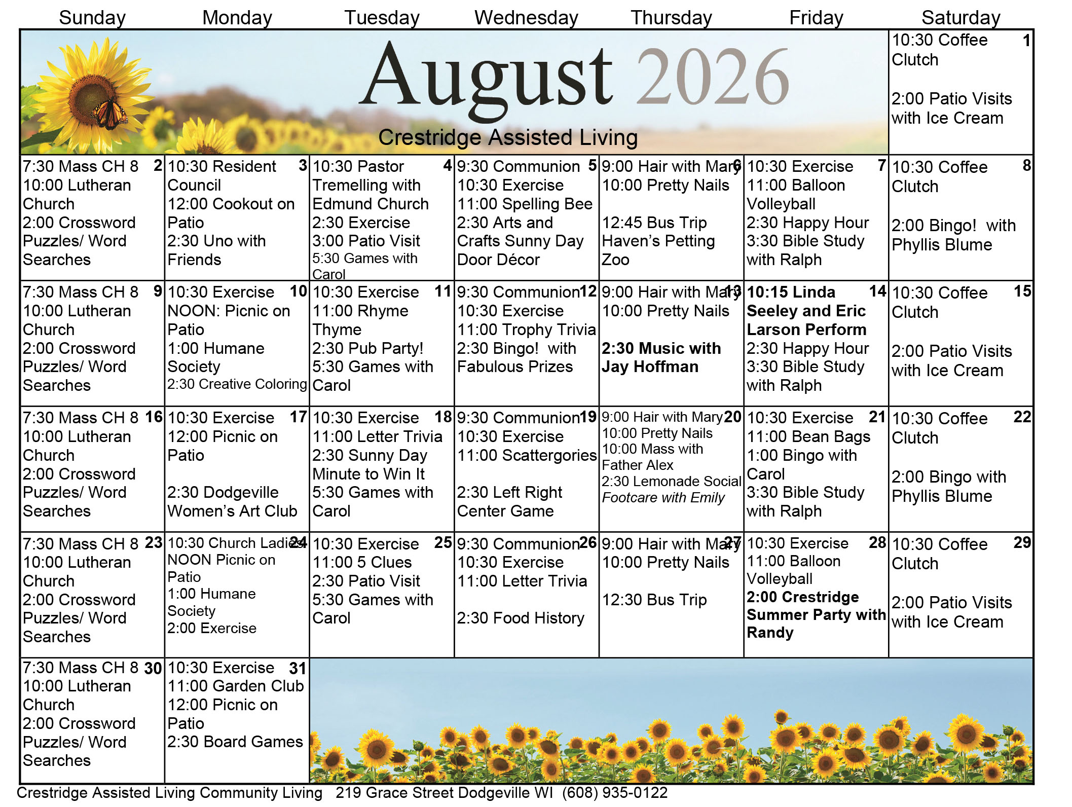 CrestRidge Assisted Living August 2026 calendar
