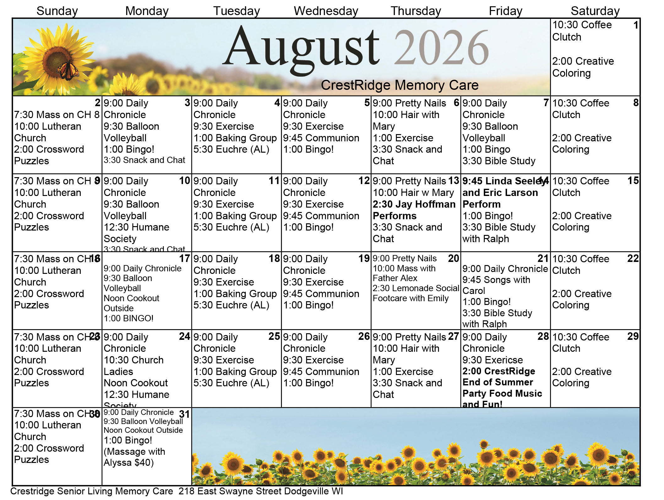 CrestRidge Memory Care August 2026 calendar