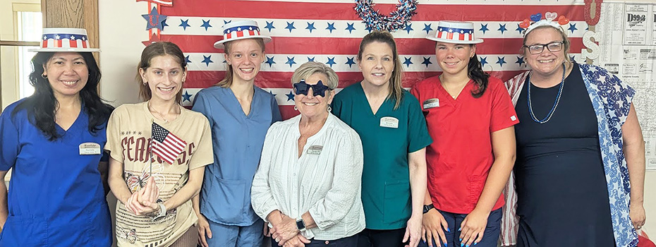 Staff dressed up for the Fourth of July.