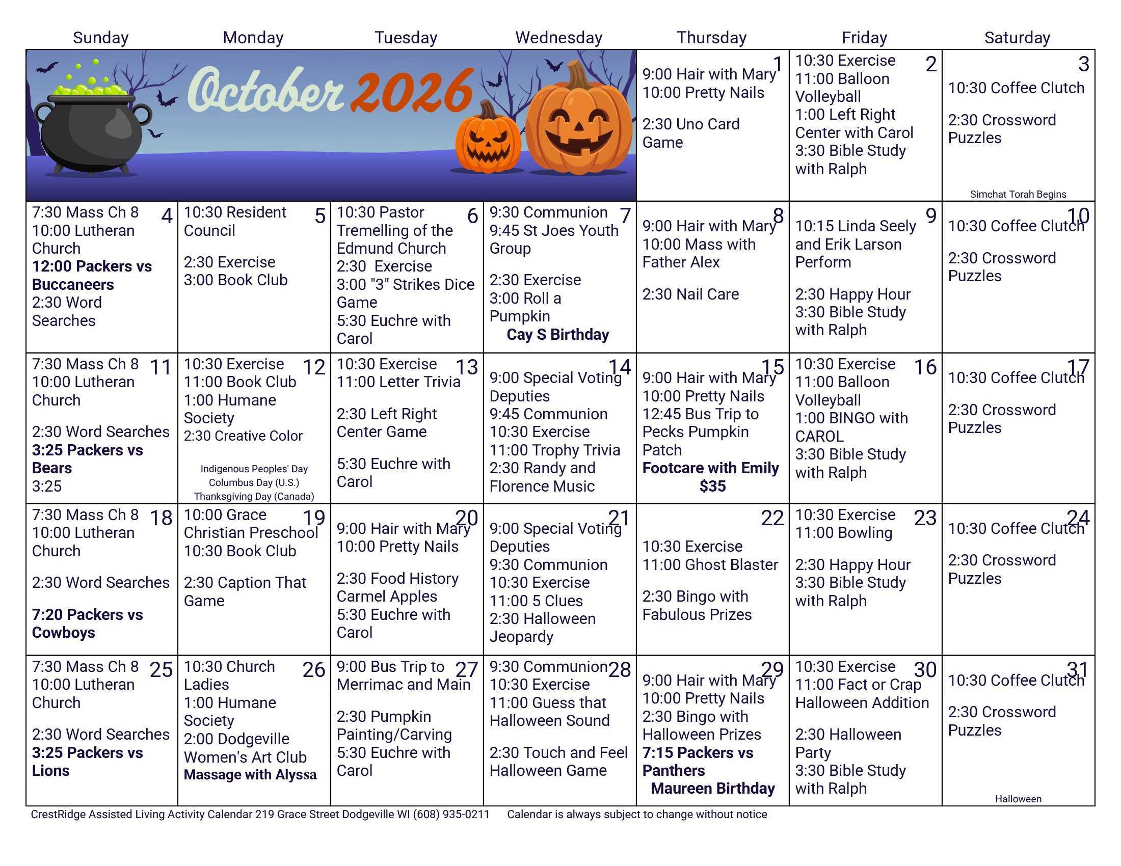 CrestRidge Assisted Living October 2026 calendar