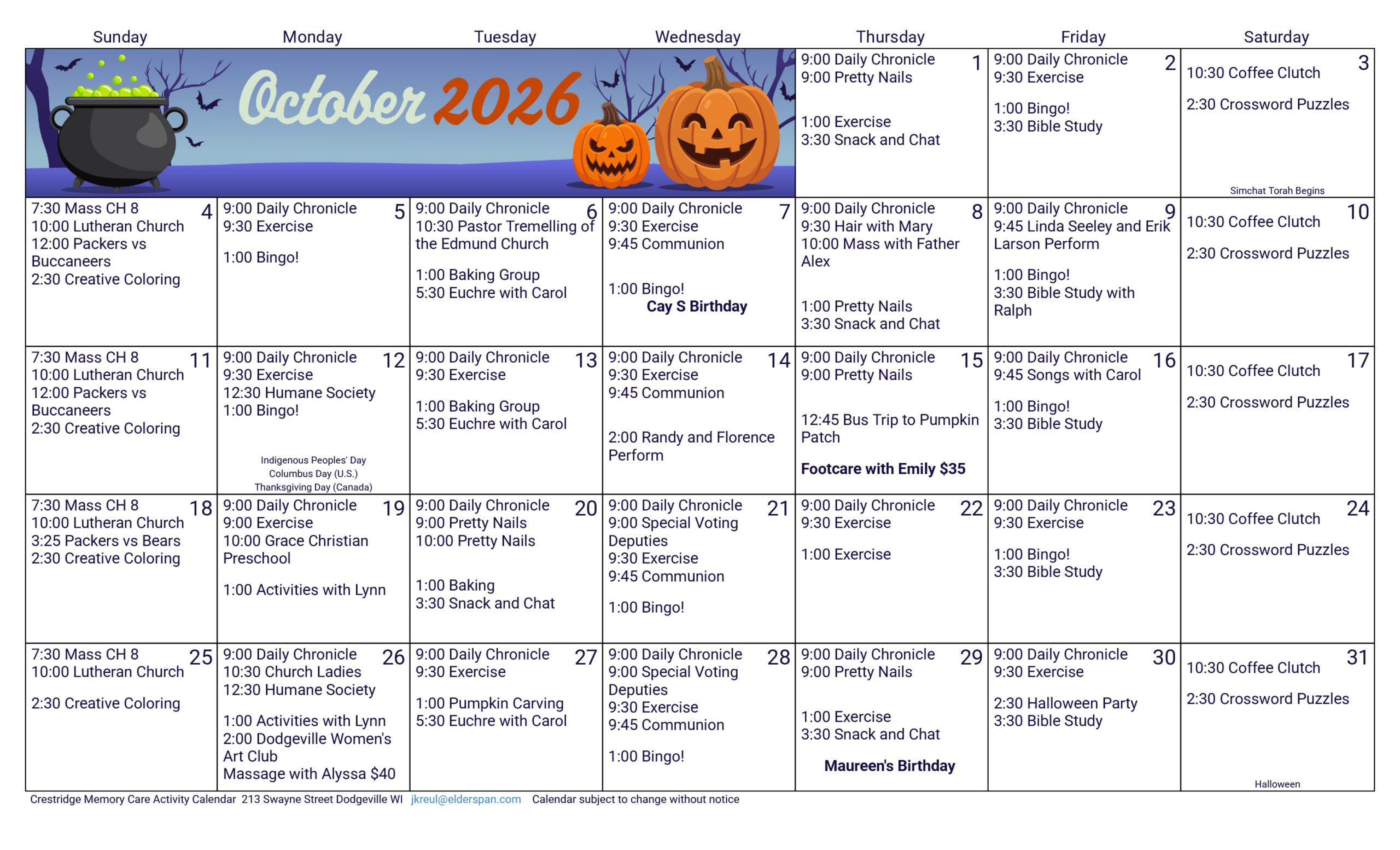 CrestRidge Memory Care October 2026 calendar